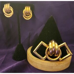 VTG Napier Gold Tone Geometric Brooch and Clip On Earrings Jewelry Set 32g